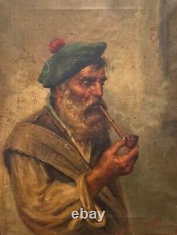 Tableau ancien XIXe de Raffaele Frigerio portrait de marin à la pipe Italy