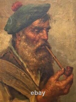 Tableau ancien XIXe de Raffaele Frigerio portrait de marin à la pipe Italy