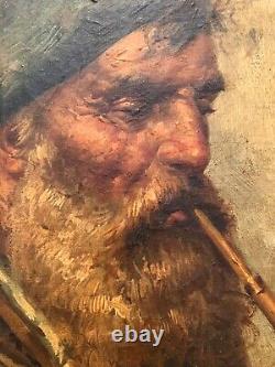 Tableau ancien XIXe de Raffaele Frigerio portrait de marin à la pipe Italy