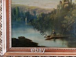 Tableau ancien XIXeme Paysage aux pecheurs 4763 cm HC