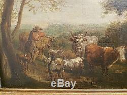 Tableau ancien XVIII, Le repos du troupeau, Vache Chèvre Buf