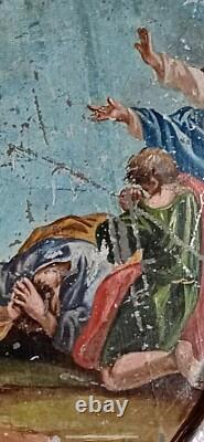 Tableau ancien XVII XVIII Huile Zinc résurrection du Christ christologie J. F