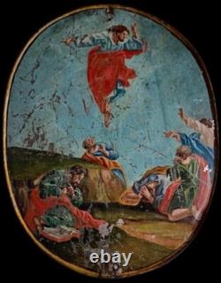 Tableau ancien XVII XVIII Huile Zinc résurrection du Christ monogramme J. F