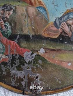 Tableau ancien XVII XVIII Huile Zinc résurrection du Christ monogramme J. F