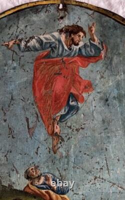 Tableau ancien XVII XVIII Huile Zinc résurrection du Christ monogramme J. F