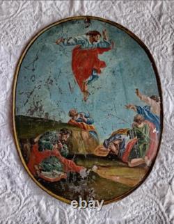 Tableau ancien XVII XVIII Huile Zinc résurrection du Christ monogramme J. F