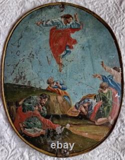 Tableau ancien XVII XVIII Huile Zinc résurrection du Christ monogramme J. F