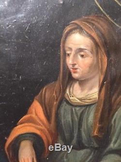 Tableau ancien XVIIe Huile sur cuivre La Vierge Marie 17ème