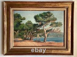 Tableau ancien XXe Huile Roquebrune Cap Martin Pins Post Impressionisme signé