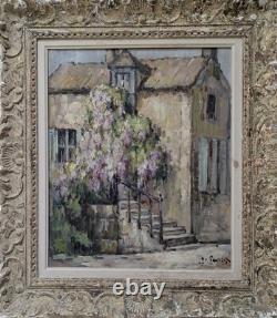 Tableau ancien à l'huile Les Glycines signature non déchiffrée