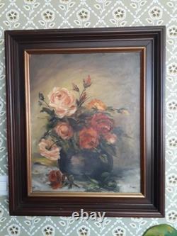 Tableau ancien à l'huile sur toile représentant un bouquet de roses