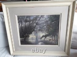 Tableau ancien à l'huile sur un panneau de bois représentant un paysage