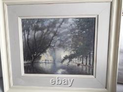 Tableau ancien à l'huile sur un panneau de bois représentant un paysage