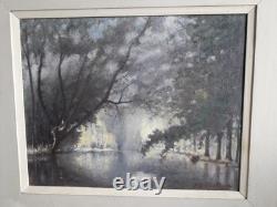 Tableau ancien à l'huile sur un panneau de bois représentant un paysage