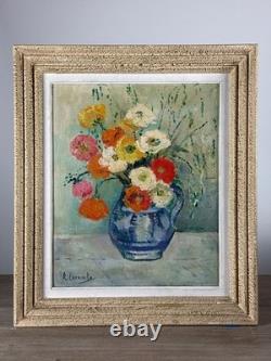 Tableau ancien art Déco bouquet de fleurs Pavots signé Lacombe Cadre gradin