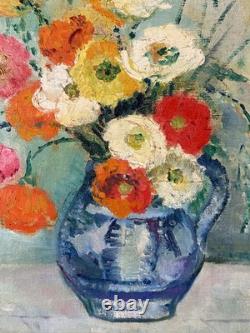 Tableau ancien art Déco bouquet de fleurs Pavots signé Lacombe Cadre gradin