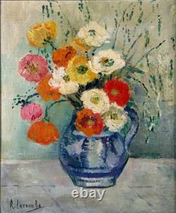 Tableau ancien art Déco bouquet de fleurs Pavots signé Lacombe Cadre gradin