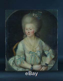 Tableau ancien beau portrait Jeune femme Louis XVI courtisane éventail 18e cadre