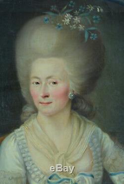 Tableau ancien beau portrait Jeune femme Louis XVI courtisane éventail 18e cadre
