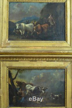 Tableau ancien berger troupeaux Vaches Moutons Paysage Rosa da Tivoli x 2 17éme