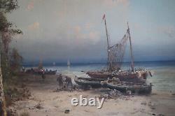 Tableau ancien bord de mer animé plage bateau Godchaux. 89 x 116 cm