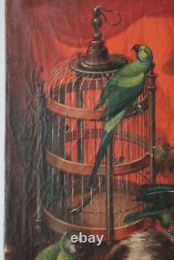 Tableau ancien cage aux oiseaux perruches perroquet chat Serres