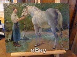 Tableau ancien cheval blanc Denis Caucaunier 1860-1905 signé horse painting