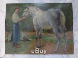 Tableau ancien cheval blanc Denis Caucaunier 1860-1905 signé horse painting