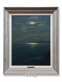 Tableau ancien clair de lune sur le golfe marine nocturne provençale Ambrosini