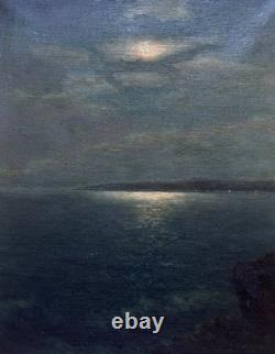 Tableau ancien clair de lune sur le golfe marine nocturne provençale Ambrosini