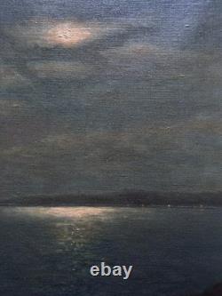 Tableau ancien clair de lune sur le golfe marine nocturne provençale Ambrosini