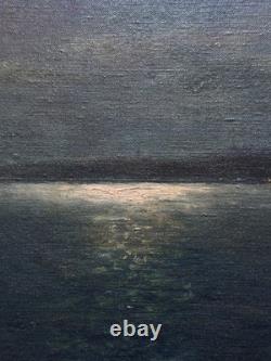 Tableau ancien clair de lune sur le golfe marine nocturne provençale Ambrosini