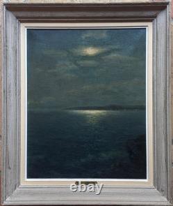 Tableau ancien clair de lune sur le golfe marine nocturne provençale Ambrosini