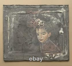 Tableau ancien composition mixte sculpture peinture portrait motif moulures