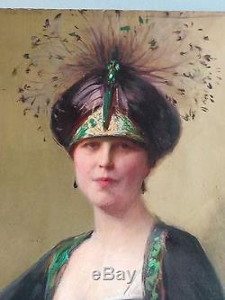 Tableau ancien d époque art nouveau portrait femme 1926 huile sur toile signée