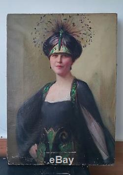 Tableau ancien d époque art nouveau portrait femme 1926 huile sur toile signée