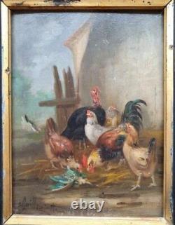 Tableau ancien de Claude Guilleminet scène de basse cour poules coq dindon
