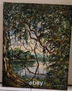 Tableau ancien de Makuendi circa 1950 Scène fluviale du Congo Huile sur toile