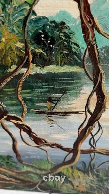 Tableau ancien de Makuendi circa 1950 Scène fluviale du Congo Huile sur toile