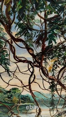 Tableau ancien de Makuendi circa 1950 Scène fluviale du Congo Huile sur toile