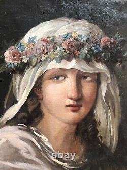 Tableau ancien début XIXe portrait Vierge Marie à la couronne de fleurs