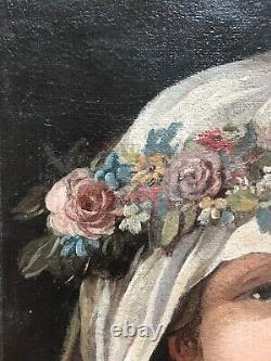 Tableau ancien début XIXe portrait Vierge Marie à la couronne de fleurs