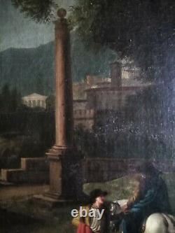 Tableau ancien école italienne du XVIIIème paysage animé ville antique Rubicon