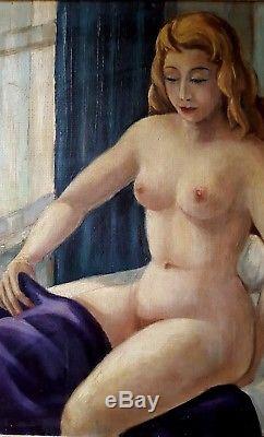 Tableau ancien école moderne superbe portrait de femme nue art-deco