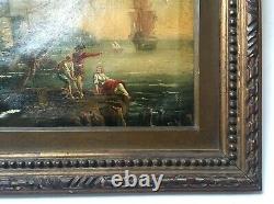 Tableau ancien encadré, Port de pêche animé, Huile sur toile, XIXe ou avant