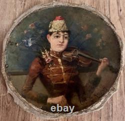Tableau ancien femme Musicienne Joueuse Violon Huile Sur Toile Vers 1900