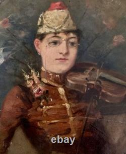 Tableau ancien femme Musicienne Joueuse Violon Huile Sur Toile Vers 1900