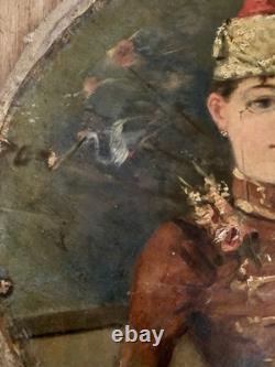 Tableau ancien femme Musicienne Joueuse Violon Huile Sur Toile Vers 1900