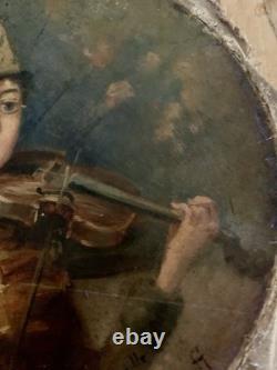 Tableau ancien femme Musicienne Joueuse Violon Huile Sur Toile Vers 1900