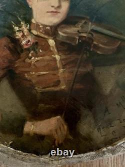 Tableau ancien femme Musicienne Joueuse Violon Huile Sur Toile Vers 1900